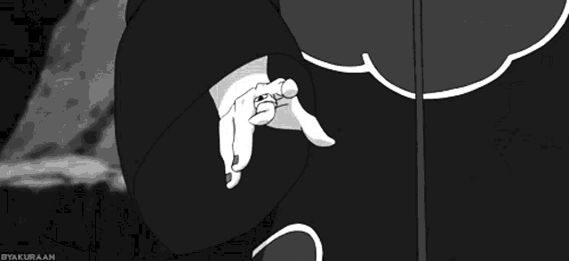 a black and white drawing of a person 's hand with the hashtag byakuraaa on the bottom right