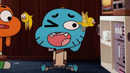 gumball from the amazing world of gumball is sitting on the floor holding a bird