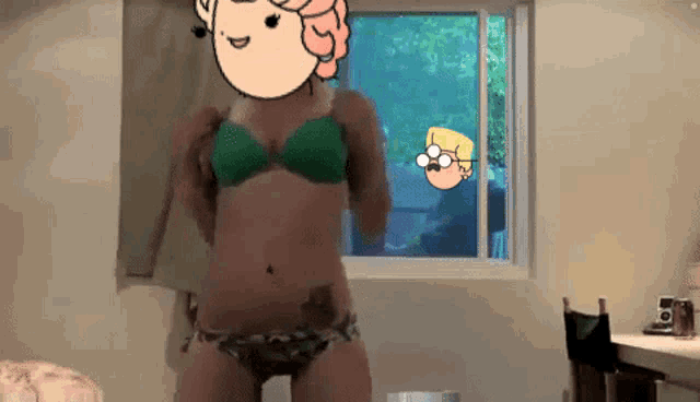 a woman in a green bra is dancing in front of a window with a cartoon character behind her