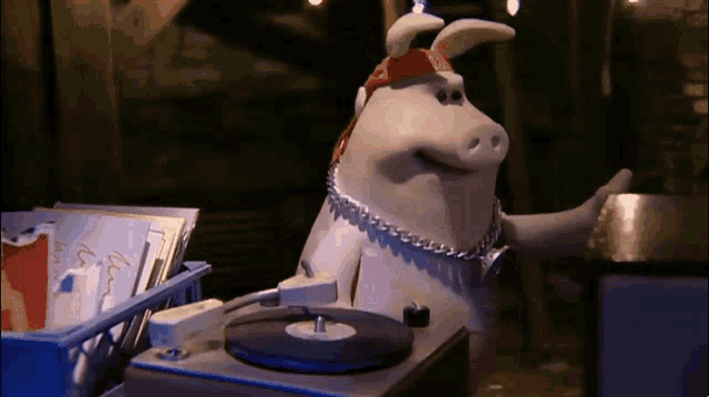 a cartoon pig wearing a hat and a chain around his neck