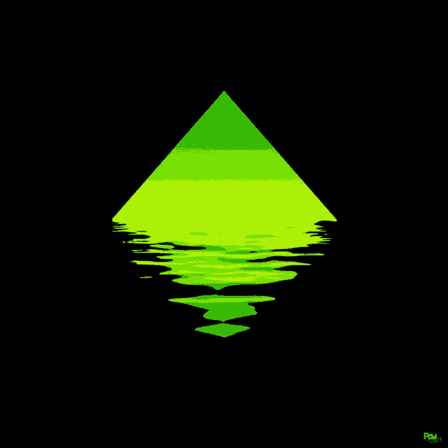 a green pyramid is reflected in a body of water with the letters pw on the bottom