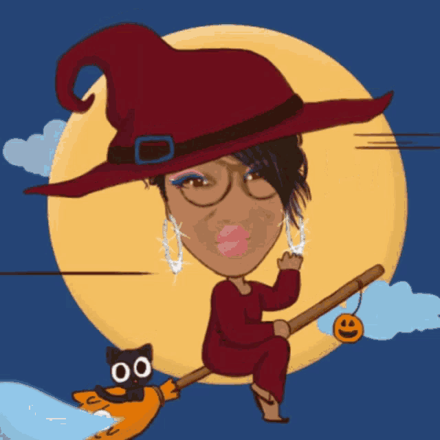 a woman in a witch hat is flying on a broom