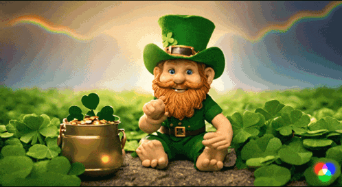 a leprechaun sitting next to a pot of shamrocks with a rainbow in the background