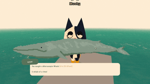 a cat holding a whale in a video game with musky written above it