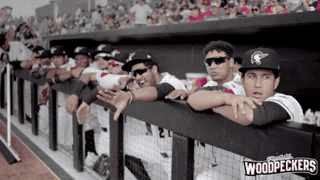 a group of woodpeckers baseball players leaning over the fence