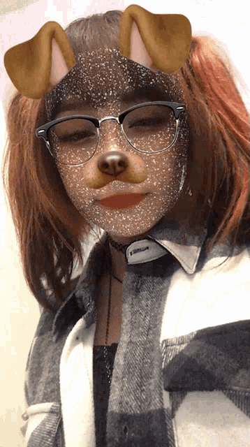 a girl wearing glasses and a dog mask looks at the camera