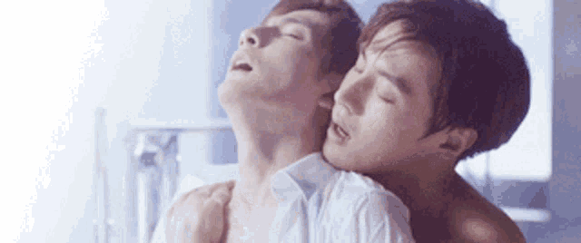 a couple of men are having sex in a bathroom and one of them is holding the other 's neck .