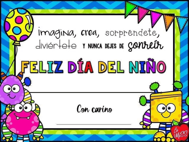 a greeting card for feliz dia del niño in spanish with cartoon monsters and a balloon .