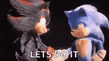 shadow the hedgehog and sonic the hedgehog are shaking hands in a dark room .