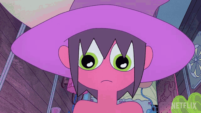 a cartoon character with green eyes and a purple hat with the word netflix on the bottom