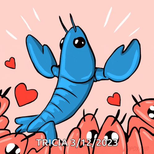 a blue lobster is surrounded by red hearts and says tricia 3/12/2023 on the bottom