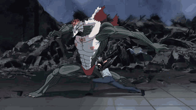a cartoon drawing of a man fighting a monster with the letters eee on his chest
