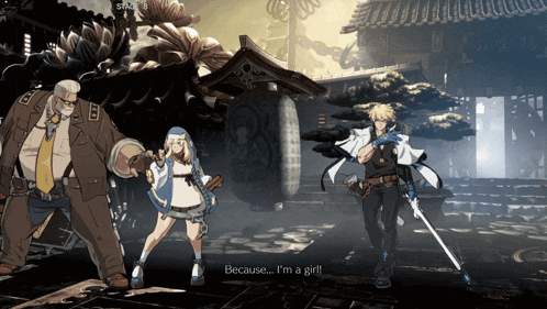 a video game character says " because i 'm a girl " while holding a sword