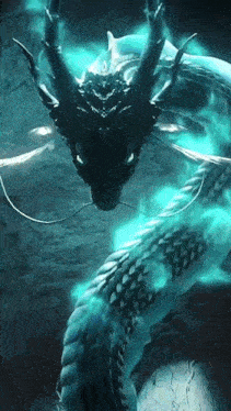 a dragon is glowing in the dark and has a very long tail