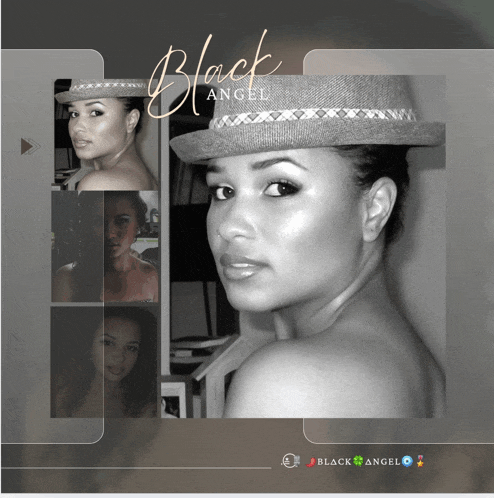 a black and white photo of a woman wearing a hat with the words black angel