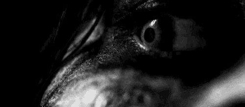 it is a black and white photo of a person 's eye .