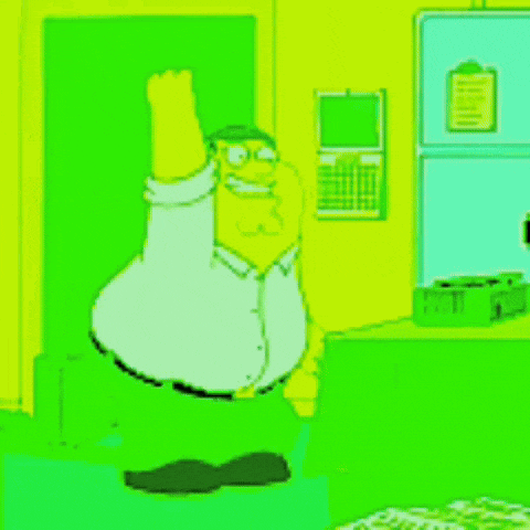 a cartoon character is standing in a room with a green background .