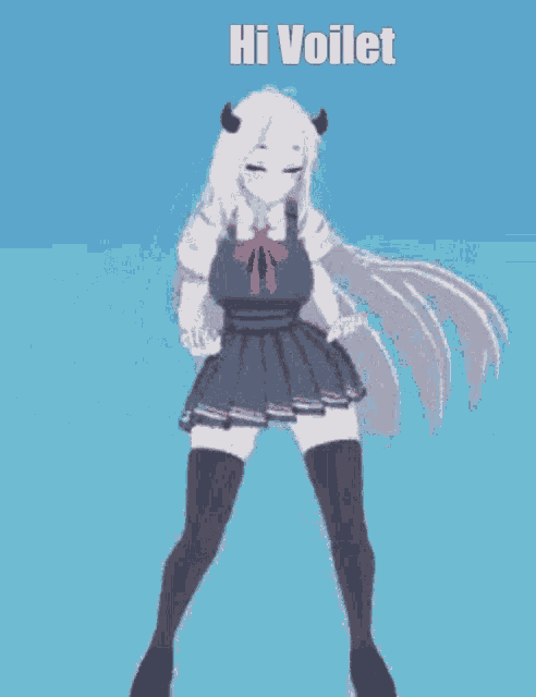 a girl with long white hair is dancing with the words hi voilet written above her