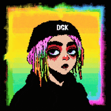 a pixel art drawing of a girl with pink hair and a hat that says dgk