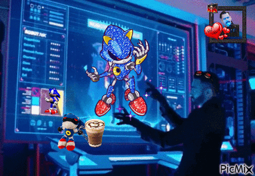 a picture of sonic the hedgehog and a cup of coffee with a picmix logo