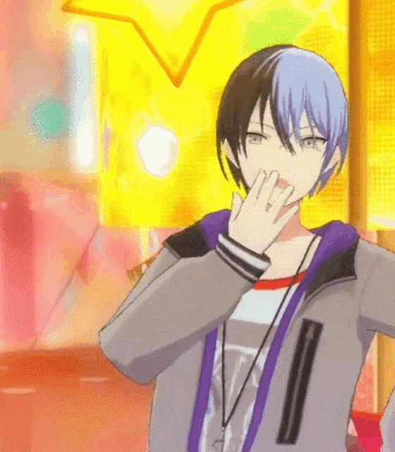 a boy with blue and black hair is standing in front of a yellow star .