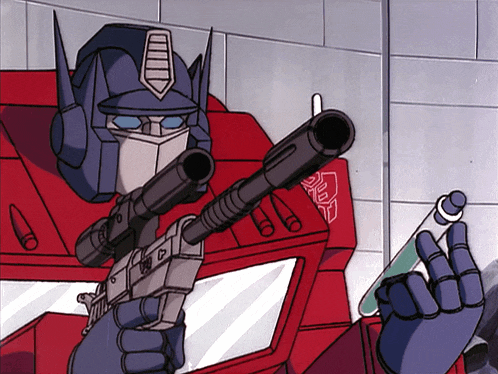 a cartoon drawing of a robot holding a gun with the word transformers on his chest