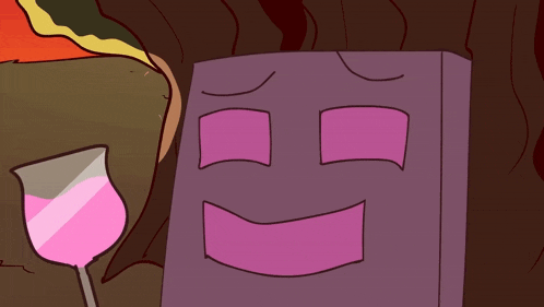 a cartoon drawing of a purple block with a smiley face and a glass of pink liquid