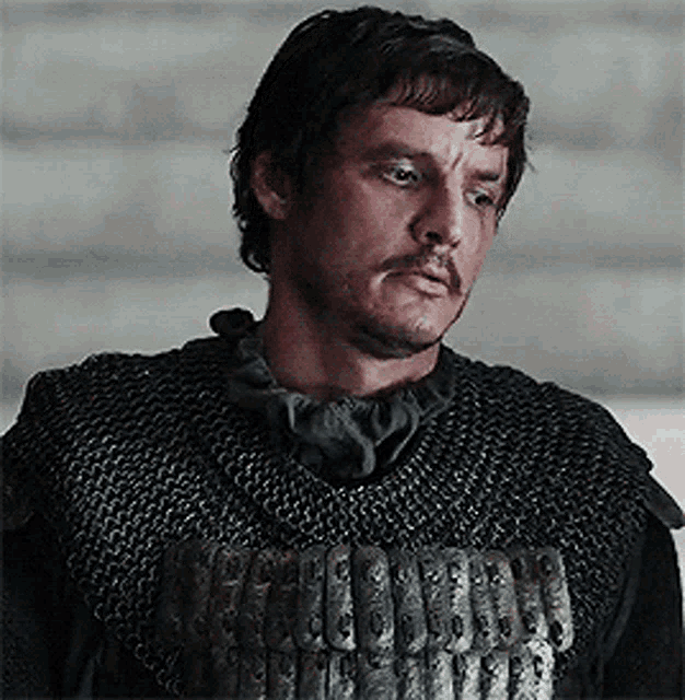 a man with a beard is wearing chain mail and a black shirt