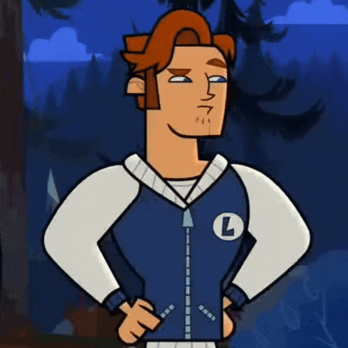 a cartoon character is wearing a blue jacket with the letter l on it .