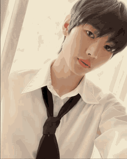a young man wearing a white shirt and tie is taking a selfie .