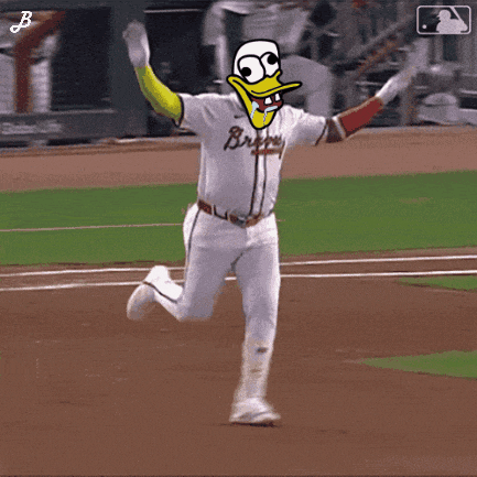 a braves baseball player with a cartoon duck face on his head