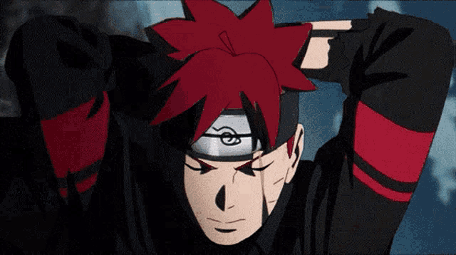 a cartoon character with red hair is wearing a headband and a black shirt .