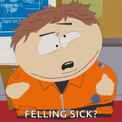 a cartoon character says " felling sick " in front of hippie core