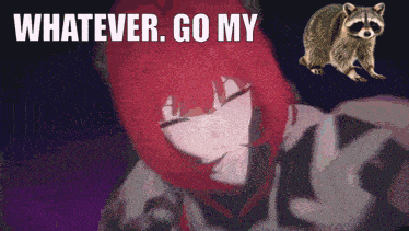 a picture of a girl with red hair and a raccoon says " whatever go my "