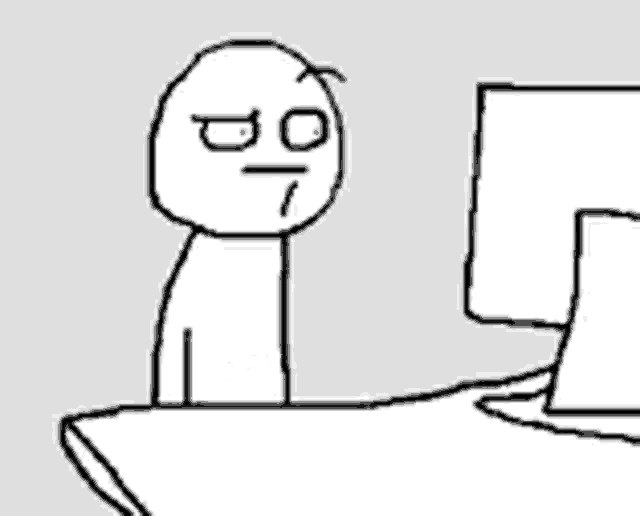 a black and white drawing of a stick figure sitting in front of a computer monitor .