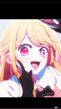 a close up of a blonde anime girl with pink eyes making a funny face