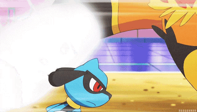 a cartoon drawing of a blue pokemon being punched by another pokemon