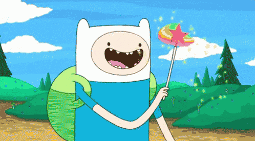 a cartoon character holding a rainbow lollipop with a red star on it