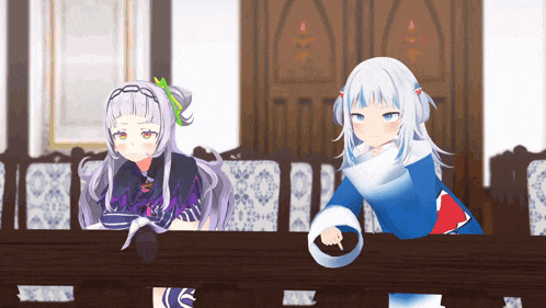 two anime girls are sitting at a table and one of them is wearing a shark outfit