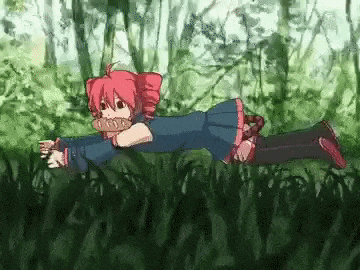 a cartoon girl is flying through the air while holding a piece of bread .
