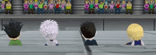 a group of cartoon characters are standing in front of a crowd that says ' naruto ' on them