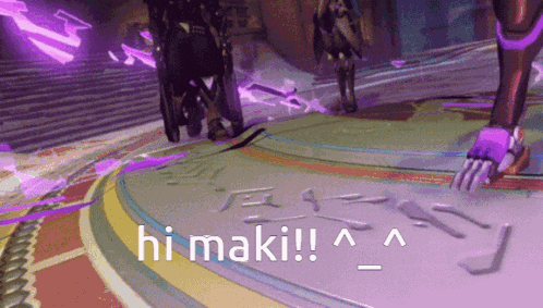 a video game scene with the words hi maki written in white