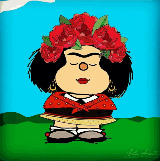 a cartoon of frida kahlo with her eyes closed and flowers in her hair