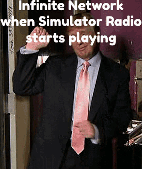 infinite network when simulator radio starts playing written on a picture of a man in a suit