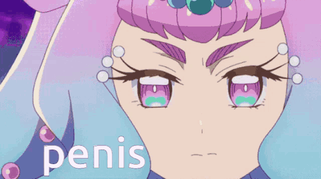 a close up of a girl with the word penis in the corner