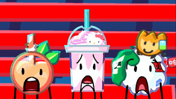 three cartoon characters are standing next to each other on a red and blue background including a peach a strawberry and a cookie