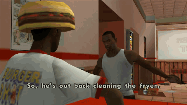 a man wearing a hamburger hat is talking to another man in a video game