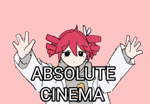 a drawing of a girl with red hair and the words " absolute cinema " below her