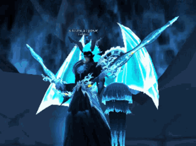 a screenshot of a video game shows a demon holding a sword and a spear