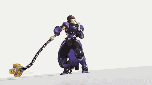 a purple and black robot is holding a chain and a hammer